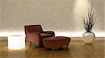 3d render of contemporary arm chair and ottoman in moderen setting