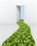 3d render of grass path leading to doorway to the clouds
