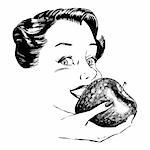 Vintage 1950s etched-style woman eating an apple.  Detailed black and white from authentic hand-drawn scratchboard.
