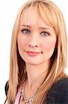 Portrait of a beautiful blonde woman with light blue eyes and natural make-up isolated on white background