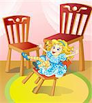 Illustration for tale Three bears. Funny little girl swing on the chair.
