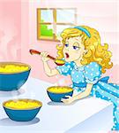 Illustration for tale Three bears. Little girl eat hot kasha from the small bowl.