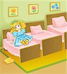 Illustration for tale Three bears. Little girl select a small bed.
