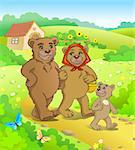 Illustration for tale Three bears. Bears walking home.