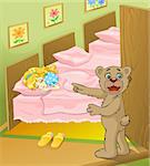Illustration for tale Three bears. Bear cub found a little girl sleeping in his bed.