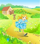 Illustration for tale Three bears. Little girl run away from angry bears.