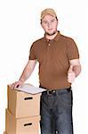 delivery man with package. over white background