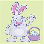 Silly cartoon vector illustration of the Easter Bunny with a basket of Easter Eggs.