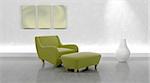 3d render of contemporary arm chair and ottoman in modern setting