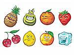 A cartoon funny fruits  in a variety of moods: a cherry, a pineapple, a lemon, an apple, an orange, a strawberry