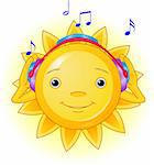 Cartoon Character  of Cute Summer Sun listening to music