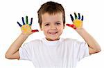 Happy boy with painted hands smiling - isolated