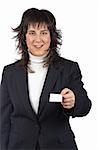 Business woman handing a blank card over a white background