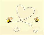 Bees making big love heart in the air. Art vector cartoon Illustration.