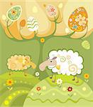 easter illustration with a two funny decorative sheeps