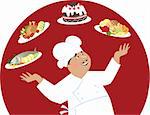 Vector cartoon of a happy chef displaying meals