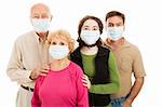 Family - elderly parents, their adult son, and teen granddaughter - wearing surgical masks to protect from an epidemic.