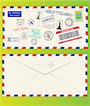 Air mail envelope with postal stamps, stickers and postmarks