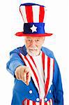 Realistic American Uncle Sam pointing at the camera in the classic pose.  Isolated on white.