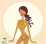 Young exotic girl in raggae style on beach. Vector Illustration.