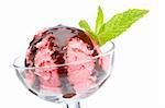 Delicious raspberries ice cream with syrup in glass. Shallow depth of field