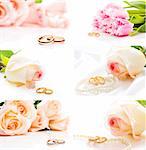 Flowers and wedding rings, shot closeup