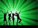 Silhouettes of people dancing on starburst background