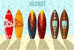 Vector illustration of aloha surf boards on the beach