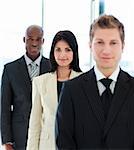 Young brunette businesswoman in focus with her team