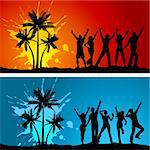 Silhouettes of people dancing on grunge palm tree backgrounds