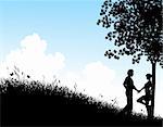 Editable vector silhouette of a young couple in a field with people, tree and grass as separate elements