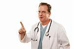 Male Doctor with One Finger Up Isolated on a White Background.