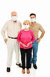 Group of adults wearing face masks and worried about catching the flu.  Full body isolated on white.