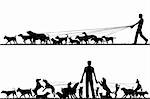 Two foreground silhouettes of a man walking many dogs with all elements as separate editable objects