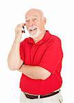 Senior man having a pleasant conversation on his cell phone.  Isolated on white.