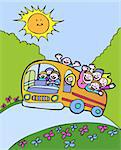 Happy kids riding the bus on a sunny day.