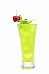 A glass of fresh lime juice with a cherry and mint on white background