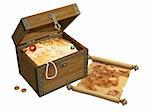 Wooden box with treasures and pirate map