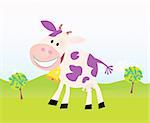 Farm scene with funny violet cow. Cartoon vector Illustration. Easy to resize.