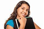 Pretty Hispanic Girl with Books and Backpack Ready for School Isolated on a White Background.