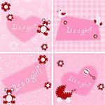 Four designs for birth announcement cards, baby-showers etc. Graphics are grouped and in several layers for easy editing. The file can be scaled to any size.