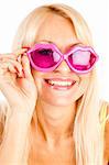 pretty blonde  woman in yellow bikini and rose sunglasses