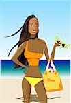 Ethnic Woman in a fashionable swimsuit with a beach scene.