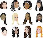 Twelve different Women of different races and cultures with or wuthout colorful background, see my other illustrations. Diversity