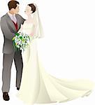 A vector illustration of a bride and groom in love, getting married on their wedding day.