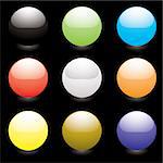 Collection of nine colorful marbles with light reflection