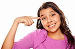 Pretty Hispanic Girl Pointing to Her Head Portrait Isolated on a White Background.