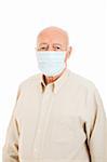 Senior man wearing a surgical mask to protect against flu epidemic.  Isolated on white.