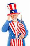 Amerikanische Ikone Uncle Sam begrüßt die US-Flagge. Isolated on White.
