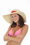 A very sexy Caucasian woman weraing a pink bikini and a hat